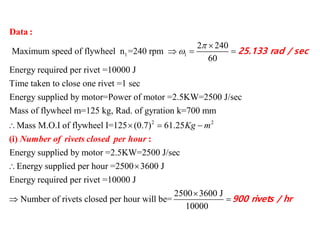 1 1
2 240
Maximum speed of flywheel n =240 rpm
60
Energy required per rivet =10000 J
Time taken to close one rivet =1 sec
Energy supplied by motor=Power of motor =2.5KW=2500 J/sec
Ma



  
Data :
25.133 rad / sec
2 2
ss of flywheel m=125 kg, Rad. of gyration k=700 mm
Mass M.O.I of flywheel I=125 (0.7) 61.25
Energy supplied by motor =2.5KW=2500 J/sec
Energy supplied per ho
Kg m   

(i) :Number of rivets closed per hour
ur =2500 3600 J
Energy required per rivet =10000 J
2500 3600 J
Number of rivets closed per hour will be=
10000


 900 rivets / hr
 
