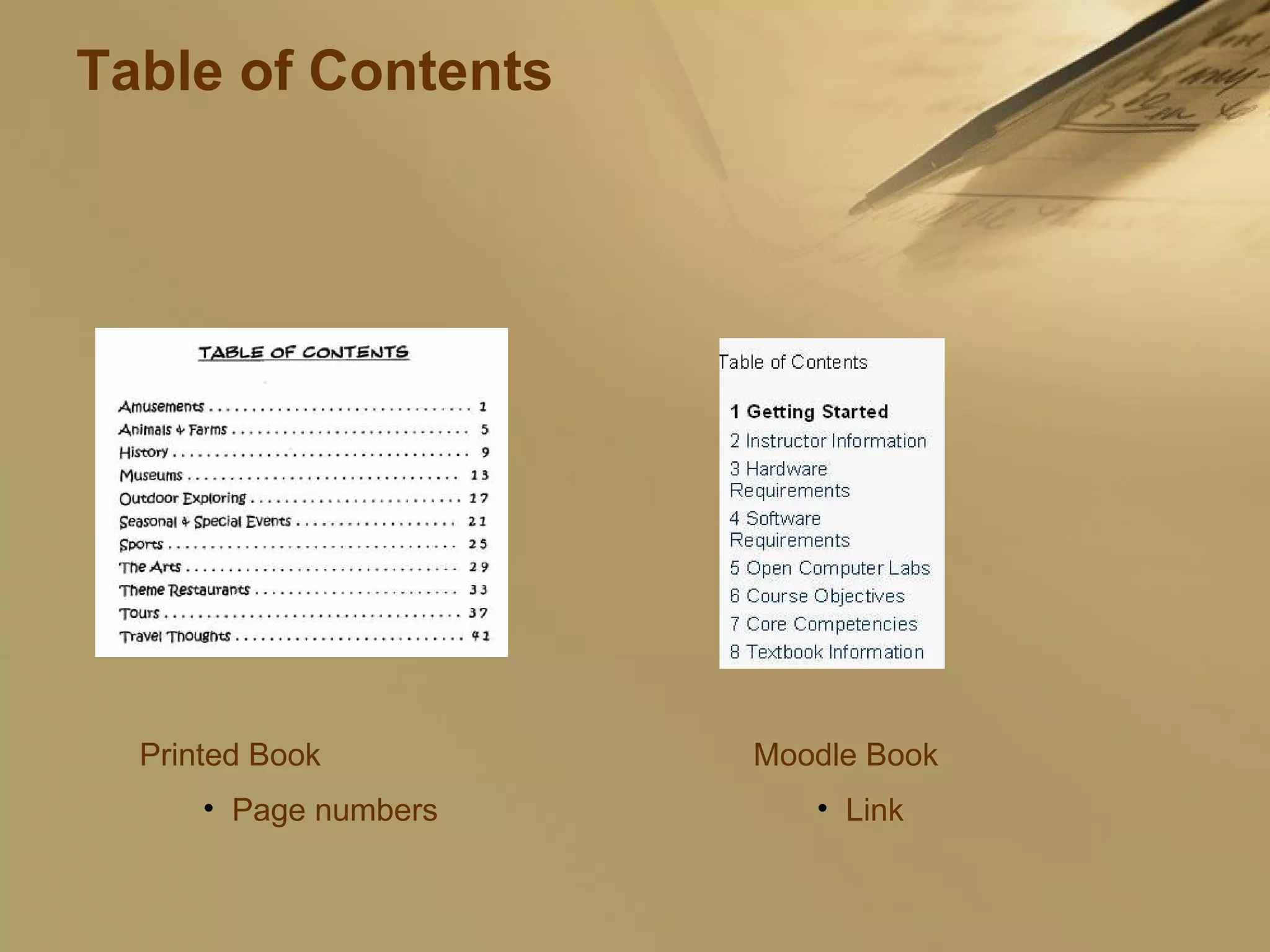 Printed Book Page numbers Moodle Book Link Table of Contents 