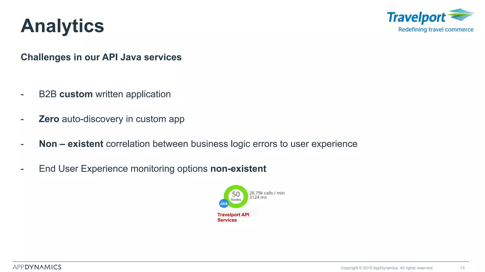 Travelport API
Services
Analytics
Challenges in our API Java services
-  B2B custom written application
-  Zero auto-discovery in custom app
-  Non – existent correlation between business logic errors to user experience
-  End User Experience monitoring options non-existent
Copyright © 2015 AppDynamics. All rights reserved. 13
 
