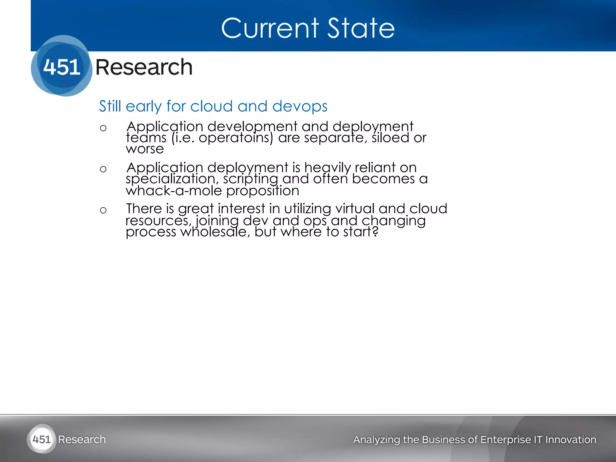 Current State

Still early for cloud and devops
o    Application development and deployment
     teams (i.e. operatoins) are separate, siloed or
     worse
o    Application deployment is heavily reliant on
     specialization, scripting and often becomes a
     whack-a-mole proposition
o    There is great interest in utilizing virtual and cloud
     resources, joining dev and ops and changing
     process wholesale, but where to start?
 