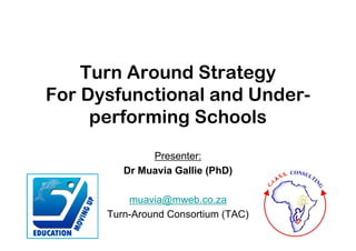 Turn Around Strategy
For Dysfunctional and Under-
     performing Schools
              Presenter:
         Dr Muavia Gallie (PhD)

          muavia@mweb.co.za
      Turn-Around Consortium (TAC)
 