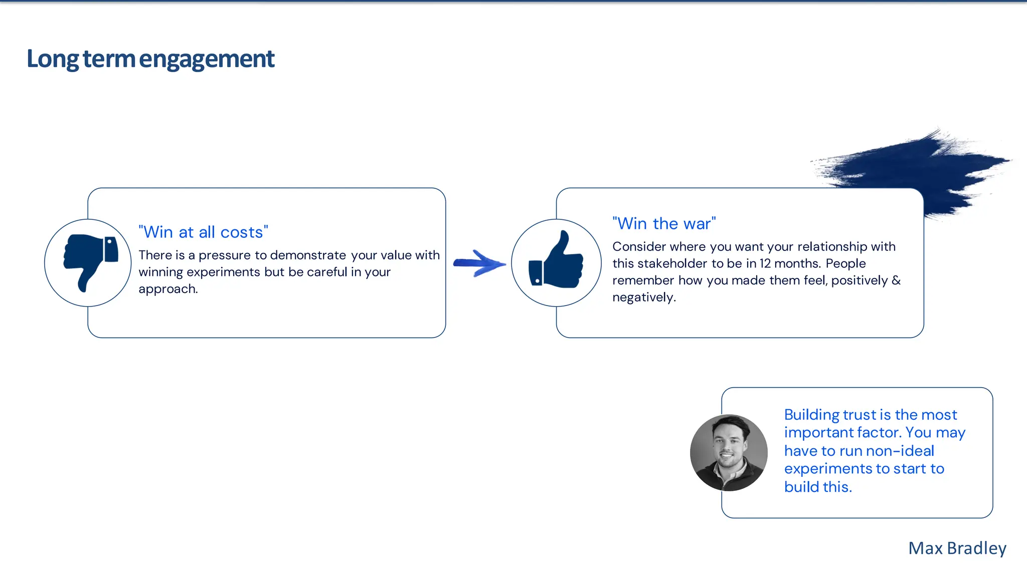 Max Bradley
Longtermengagement
Building trust is the most
important factor. You may
have to run non-ideal
experiments to start to
build this.
"Win at all costs"
There is a pressure to demonstrate your value with
winning experiments but be careful in your
approach.
"Win the war"
Consider where you want your relationship with
this stakeholder to be in 12 months. People
remember how you made them feel, positively &
negatively.
 