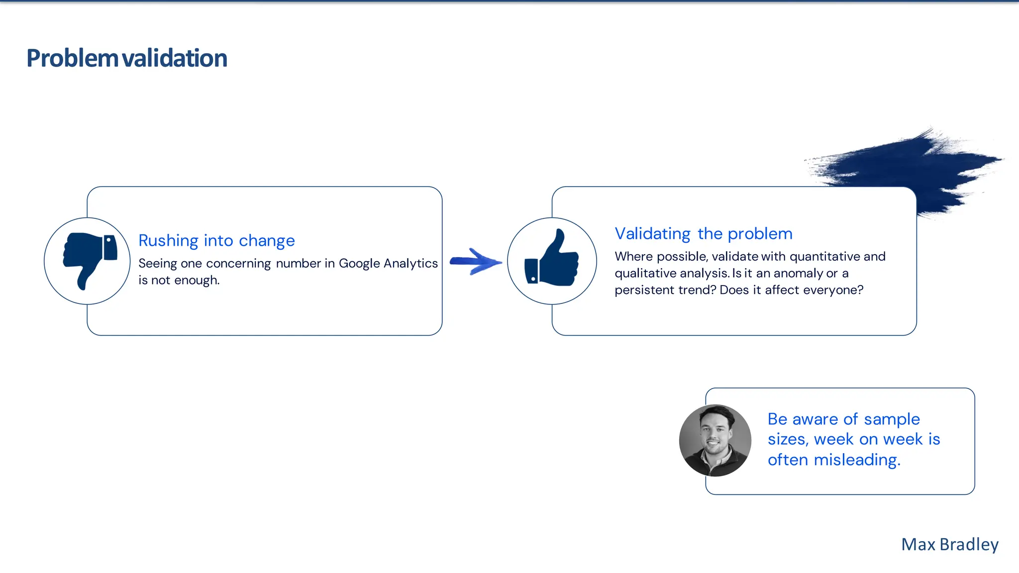 Max Bradley
Rushing into change
Seeing one concerning number in Google Analytics
is not enough.
Problemvalidation
Validating the problem
Where possible, validate with quantitative and
qualitative analysis. Is it an anomaly or a
persistent trend? Does it affect everyone?
Be aware of sample
sizes, week on week is
often misleading.
 