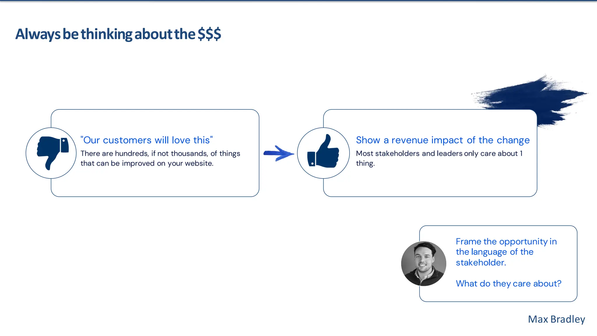 Max Bradley
Alwaysbethinkingaboutthe$$$
Frame the opportunity in
the language of the
stakeholder.
What do they care about?
"Our customers will love this"
There are hundreds, if not thousands, of things
that can be improved on your website.
Show a revenue impact of the change
Most stakeholders and leaders only care about 1
thing.
 