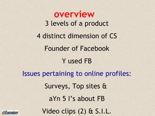 overview 3 levels of a product 4 distinct dimension of CS Founder of Facebook Y used FB Issues pertaining to online profiles: Surveys, Top sites &  aYn 5 I’s about FB Video clips (2) & S.I.L. 