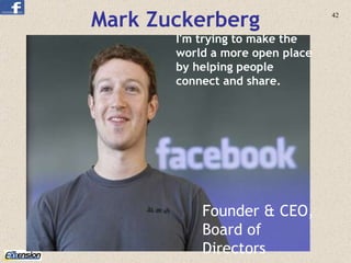 Mark Zuckerberg Founder & CEO, Board of Directors I'm trying to make the world a more open place by helping people connect and share. 
