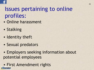 Issues pertaining to online profiles: Online harassment Stalking  Identity theft Sexual predators Employers seeking information about  potential employees First Amendment rights 