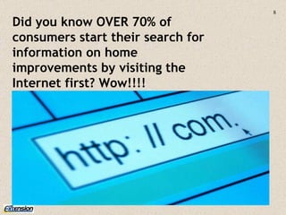 Did you know OVER 70% of consumers start their search for information on home improvements by visiting the Internet first? Wow!!!! 