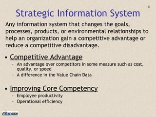 Strategic Information System <ul><li>Competitive Advantage </li></ul><ul><ul><li>An advantage over competitors in some mea...