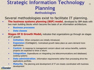 Strategic Information Technology Planning   Methodologies   <ul><li>The   business systems   planning (BSP) model ,  devel...