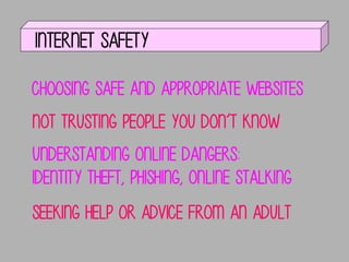 Internet safety
choosing safe and appropriate websites
NOT TRUSTing PEOPLE YOU DON’T KNOW

UNDERSTANDing online dangers:
identity theft, phishing, online stalking
SEEKing help or advice from an adult

 