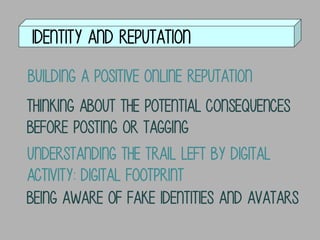 IDENTITY AND REPUTATION
Building a positive online reputation
ThinkING about the potential consequences
before posting or tagging
Understanding the trail left by digital
activity: Digital footprint
Being aware of FAKE identities AND aVATARS

 