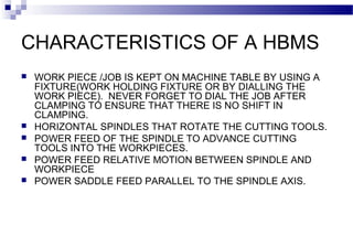 CHARACTERISTICS OF A HBMS
 WORK PIECE /JOB IS KEPT ON MACHINE TABLE BY USING A
FIXTURE(WORK HOLDING FIXTURE OR BY DIALLING THE
WORK PIECE). NEVER FORGET TO DIAL THE JOB AFTER
CLAMPING TO ENSURE THAT THERE IS NO SHIFT IN
CLAMPING.
 HORIZONTAL SPINDLES THAT ROTATE THE CUTTING TOOLS.
 POWER FEED OF THE SPINDLE TO ADVANCE CUTTING
TOOLS INTO THE WORKPIECES.
 POWER FEED RELATIVE MOTION BETWEEN SPINDLE AND
WORKPIECE
 POWER SADDLE FEED PARALLEL TO THE SPINDLE AXIS.
 