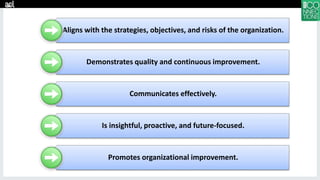 Aligns with the strategies, objectives, and risks of the organization.
Demonstrates quality and continuous improvement.
Communicates effectively.
Is insightful, proactive, and future-focused.
Promotes organizational improvement.
 