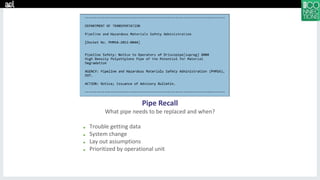 Pipe Recall
What pipe needs to be replaced and when?
■ Trouble getting data
■ System change
■ Lay out assumptions
■ Prioritized by operational unit
 