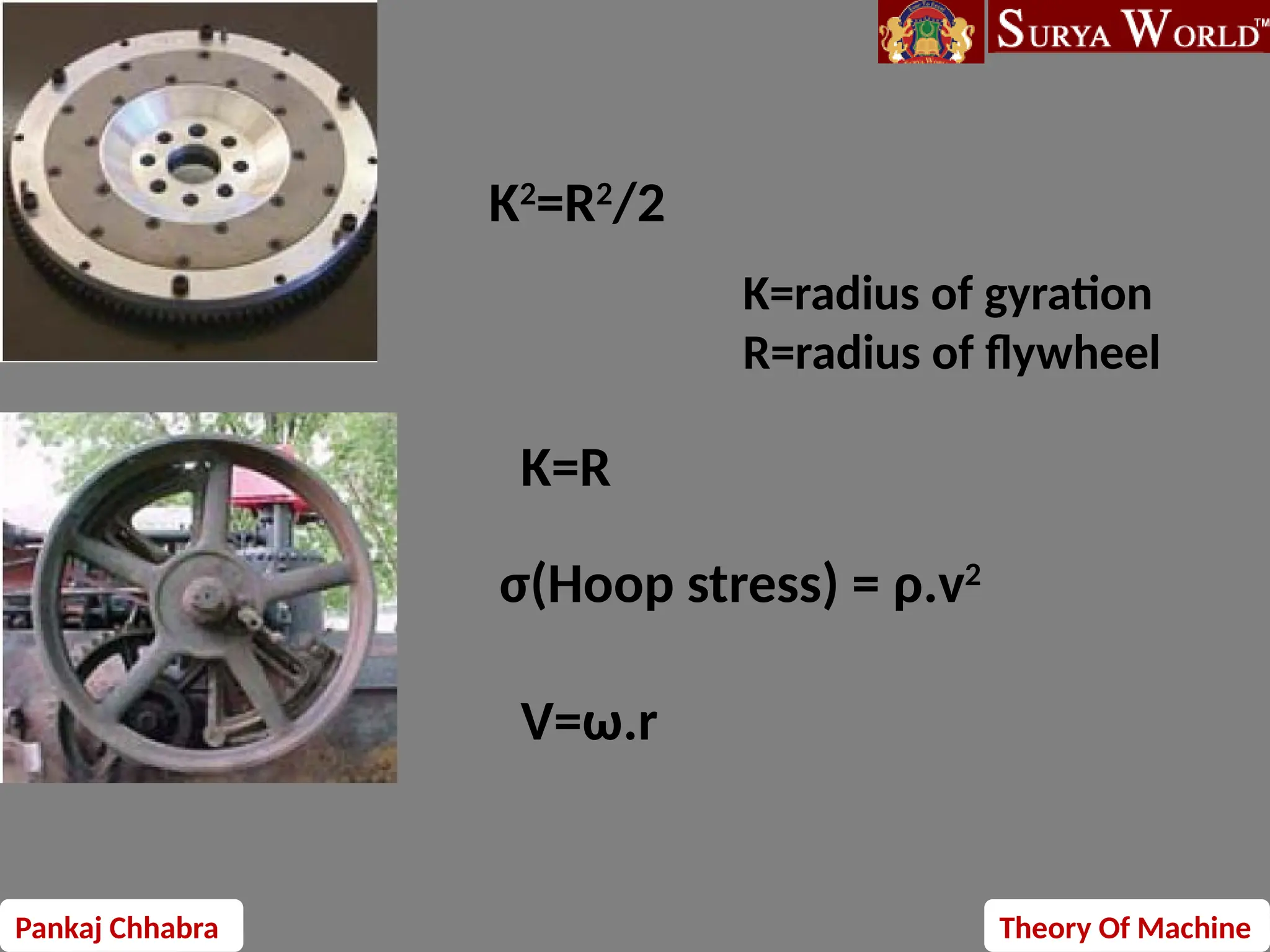 Pankaj Chhabra Theory Of Machine
K2
=R2
/2
K=R
σ(Hoop stress) = ρ.v2
V=ω.r
K=radius of gyration
R=radius of flywheel
 