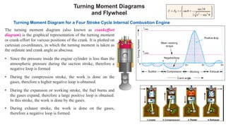 Turning Moment Diagrams
and Flywheel
Turning Moment Diagram for a Four Stroke Cycle Internal Combustion Engine
• Since the pressure inside the engine cylinder is less than the
atmospheric pressure during the suction stroke, therefore a
negative loop is formed
• During the compression stroke, the work is done on the
gases, therefore a higher negative loop is obtained.
• During the expansion or working stroke, the fuel burns and
the gases expand, therefore a large positive loop is obtained.
In this stroke, the work is done by the gases.
• During exhaust stroke, the work is done on the gases,
therefore a negative loop is formed.
The turning moment diagram (also known as crankeffort
diagram) is the graphical representation of the turning moment
or crank-effort for various positions of the crank. It is plotted on
cartesian co-ordinates, in which the turning moment is taken as
the ordinate and crank angle as abscissa.
 