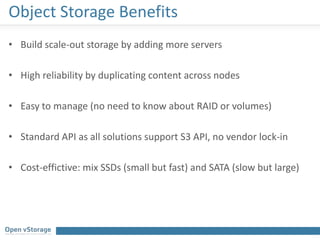 Object Storage Benefits
• Build scale-out storage by adding more servers
• High reliability by duplicating content across nodes
• Easy to manage (no need to know about RAID or volumes)
• Standard API as all solutions support S3 API, no vendor lock-in
• Cost-effictive: mix SSDs (small but fast) and SATA (slow but large)
 