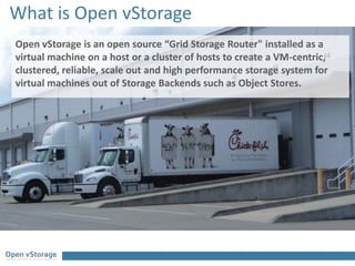 What is Open vStorage
Open vStorage is an open source “Grid Storage Router" installed as a
virtual machine on a host or a cluster of hosts to create a VM-centric,
clustered, reliable, scale out and high performance storage system for
virtual machines out of Storage Backends such as Object Stores.
 