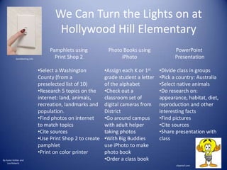 We Can Turn the Lights on at Hollywood Hill ElementaryPamphlets using Print Shop 2Select a Washington County (from a preselected list of 10)