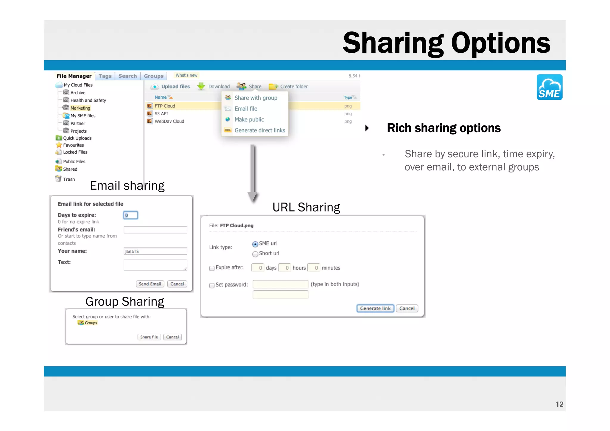 Sharing Options

                               ‣       Rich sharing options
                                   •      Share by secure link, time expiry,
                                          over email, to external groups
Email sharing
                URL Sharing




Group Sharing




                                                                               12
 