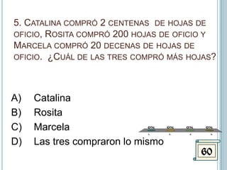 5. Catalina compró 2 centenas  de hojas de oficio, Rosita compró 200 hojas de oficio y Marcela compró 20 decenas de hojas de oficio.  ¿Cuál de las tres compró más hojas?A)	CatalinaB)	RositaC)	MarcelaD)	Las tres compraron lo mismo60
