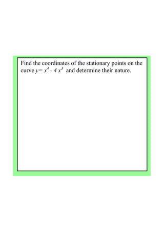 Find the coordinates of the stationary points on the 
curve y= x4 
­ 4 x3
  and determine their nature.
 
