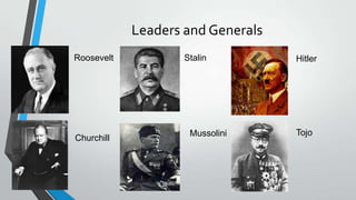 Leaders and Generals
Roosevelt Hitler
Churchill
Mussolini Tojo
Stalin
 