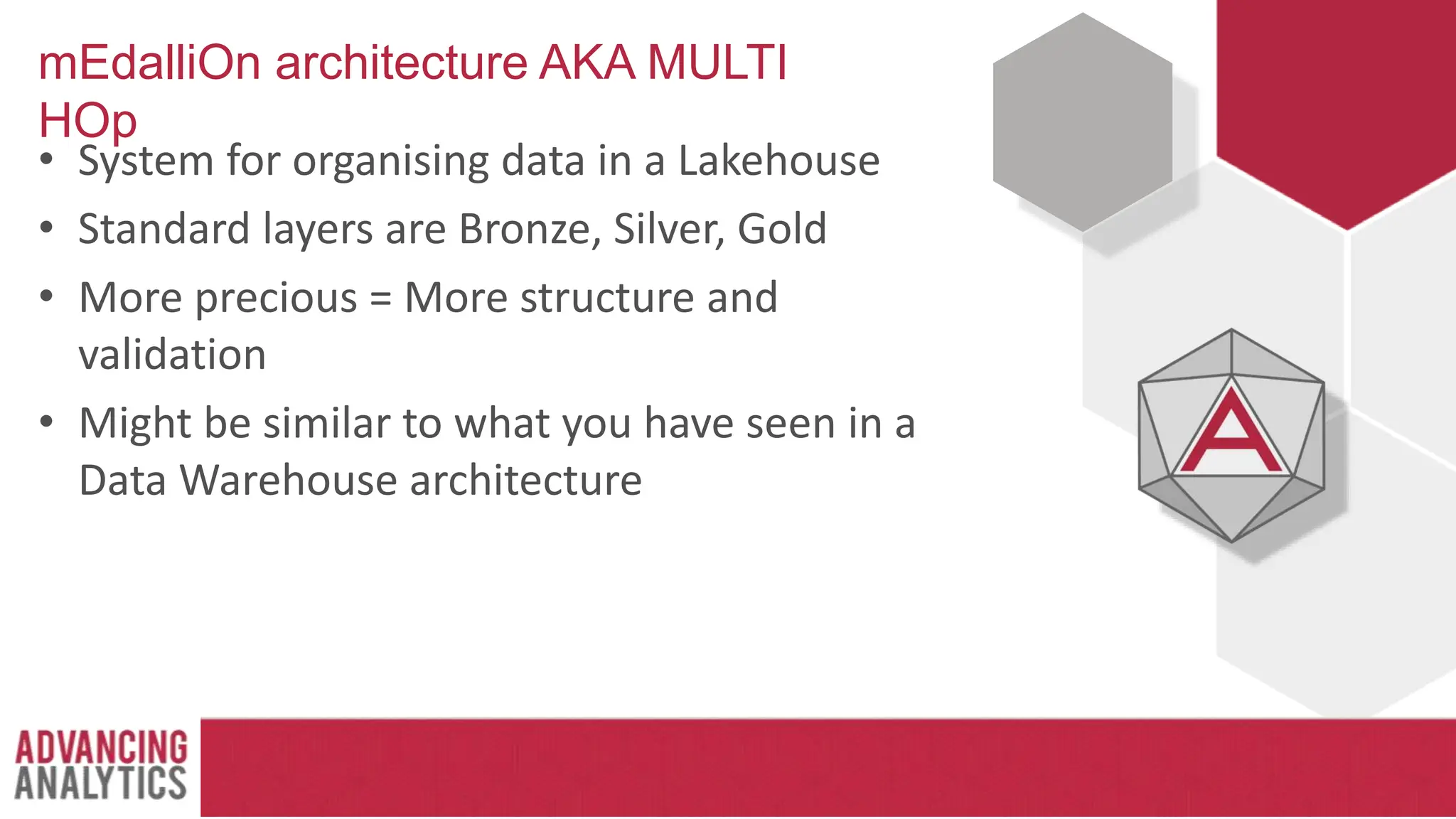 mEdalliOn architecture AKA MULTI
HOp
• System for organising data in a Lakehouse
• Standard layers are Bronze, Silver, Gold
• More precious = More structure and
validation
• Might be similar to what you have seen in a
Data Warehouse architecture
 
