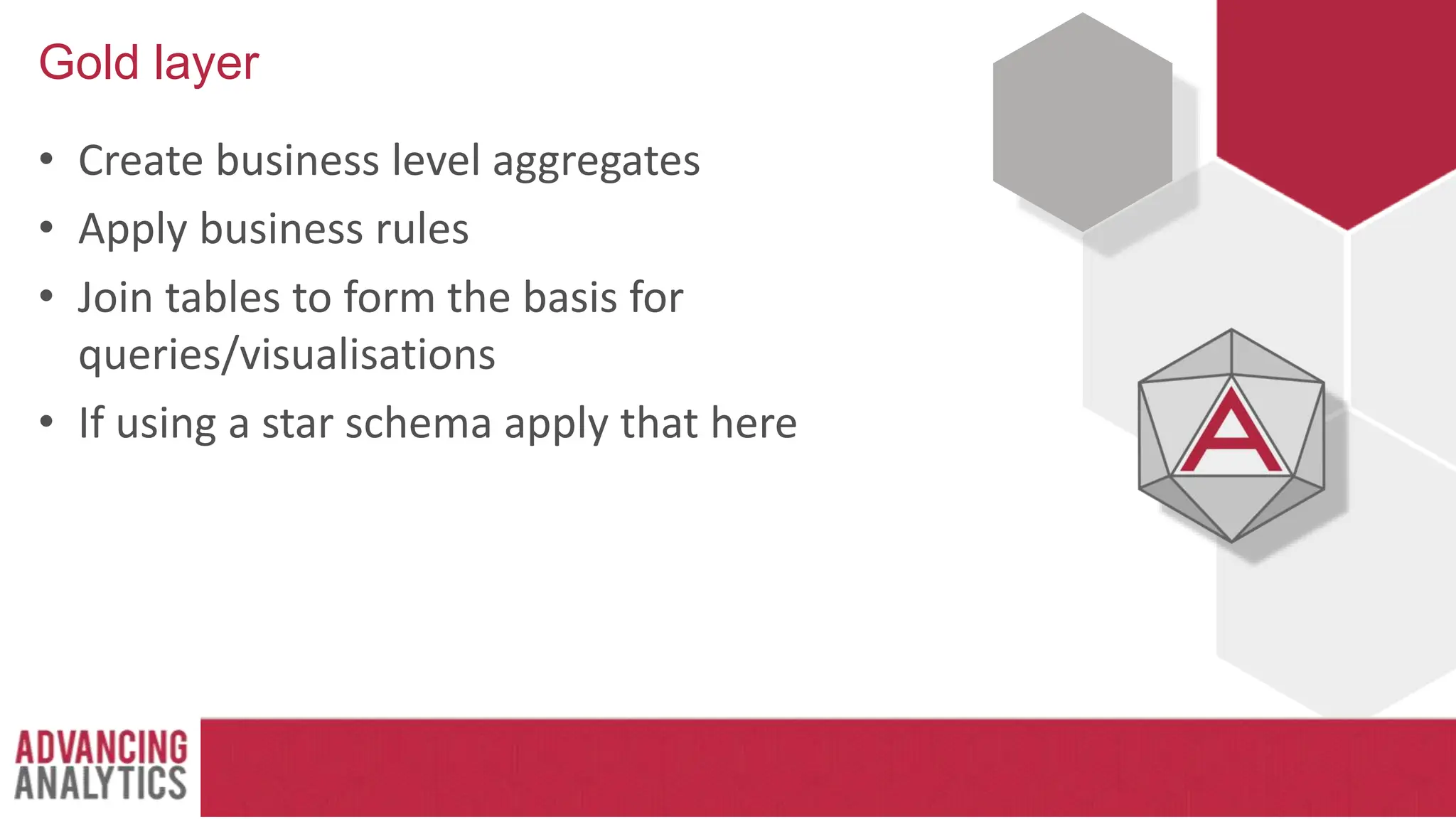 Gold layer
• Create business level aggregates
• Apply business rules
• Join tables to form the basis for
queries/visualisations
• If using a star schema apply that here
 