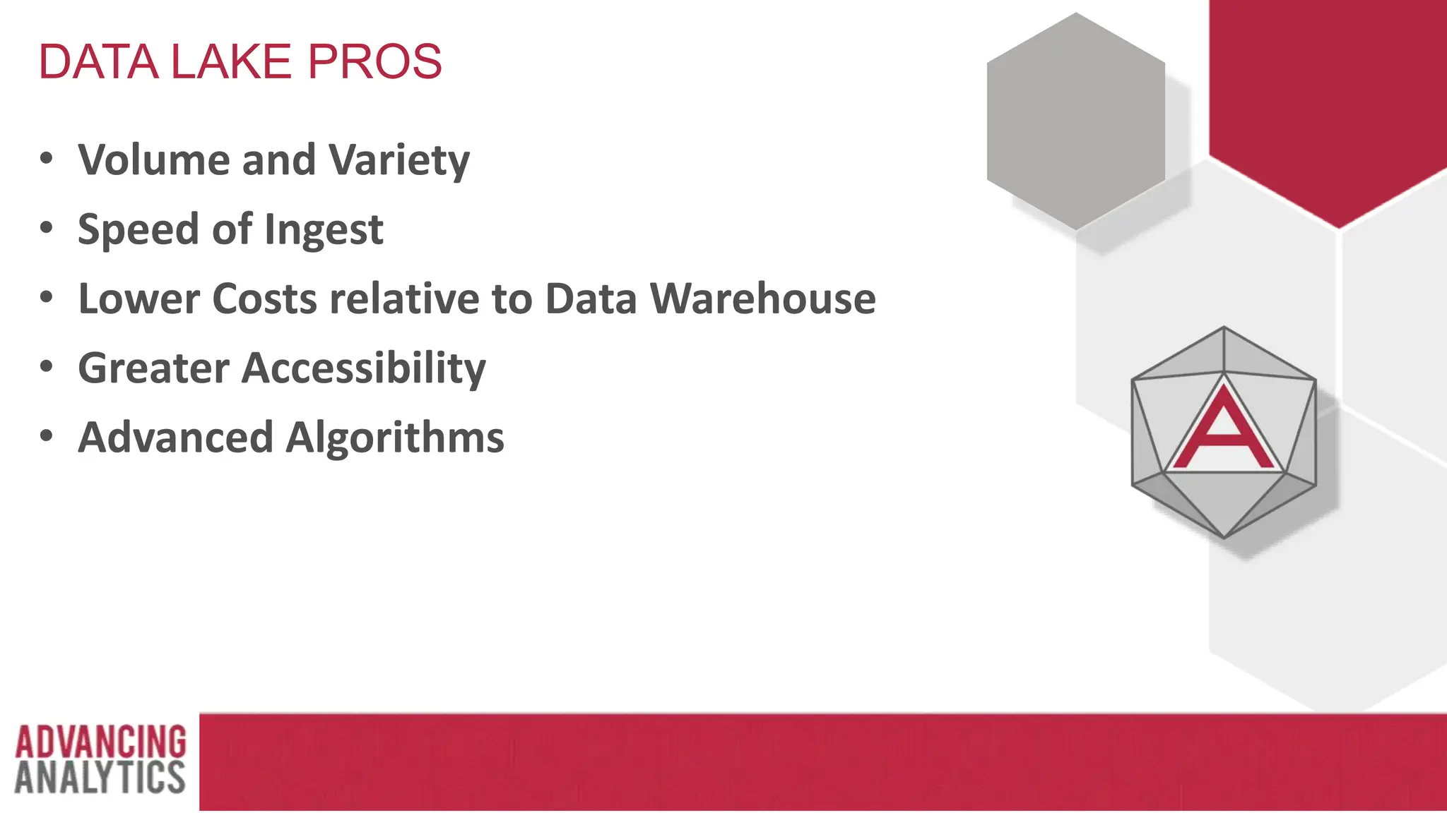 DATA LAKE PROS
• Volume and Variety
• Speed of Ingest
• Lower Costs relative to Data Warehouse
• Greater Accessibility
• Advanced Algorithms
 