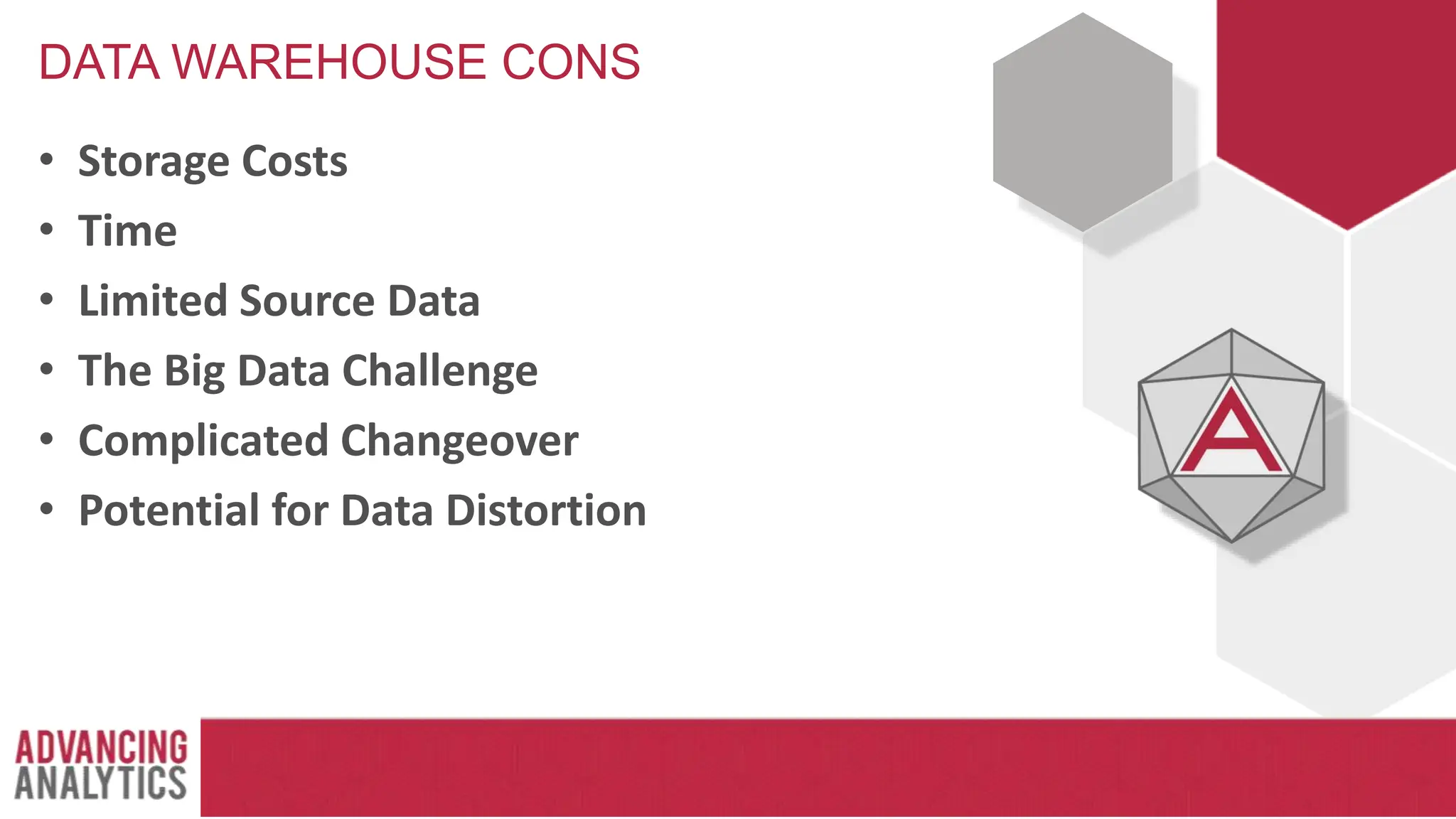 DATA WAREHOUSE CONS
• Storage Costs
• Time
• Limited Source Data
• The Big Data Challenge
• Complicated Changeover
• Potential for Data Distortion
 