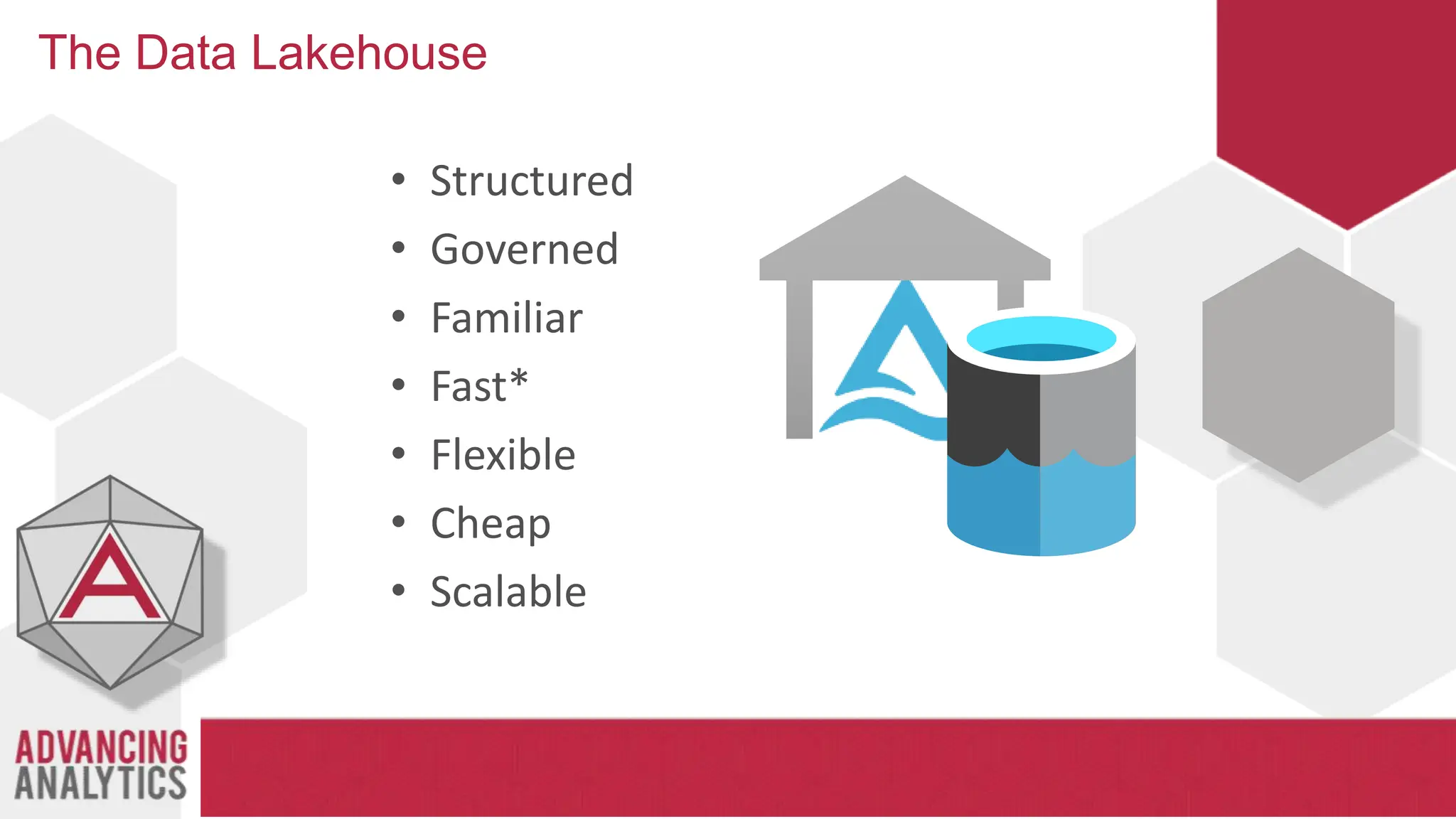 The Data Lakehouse
• Structured
• Governed
• Familiar
• Fast*
• Flexible
• Cheap
• Scalable
 