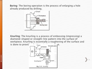 08-10-2021
11
Boring: The boring operation is the process of enlarging a hole
already produced by drilling.
Knurling: The knurling is a process of embossing (impressing) a
diamond-shaped or straight-line pattern into the surface of
workpiece. Knurling is essentially a roughening of the surface and
is done to provide a better gripping surface.
 