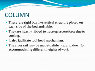 COLUMN
 These are rigid box likevertical structureplaced on
each side of the bed andtable.
 Theyare heavilyribbed to trace upsevere forcedue to
cutting.
 It also facilitate tool headmechanism.
 The cross rail may be madetoslide up and downfor
accommodating different heights ofwork
 