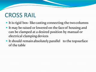 CROSS RAIL
 It is rigid box- likecasting connecting the twocolumns
 It may be raised or lowered on the faceof housing and
can be clamped at a desired position by manual or
electrical clampingdevices
 It should remainabsolutely parallel to the topsurface
of the table
 