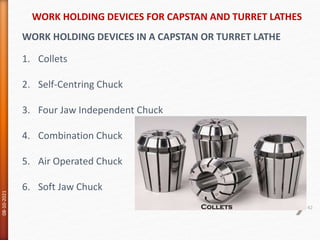 WORK HOLDING DEVICES FOR CAPSTAN AND TURRET LATHES
08-10-2021
42
WORK HOLDING DEVICES IN A CAPSTAN OR TURRET LATHE
1. Collets
2. Self-Centring Chuck
3. Four Jaw Independent Chuck
4. Combination Chuck
5. Air Operated Chuck
6. Soft Jaw Chuck
 
