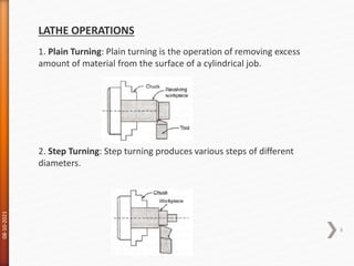 08-10-2021
8
LATHE OPERATIONS
1. Plain Turning: Plain turning is the operation of removing excess
amount of material from the surface of a cylindrical job.
2. Step Turning: Step turning produces various steps of different
diameters.
 