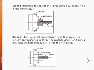 08-10-2021
10
Drilling: Drilling is the operation of producing a cylindrical hole
in the workpiece.
Reaming: The holes that are produced by drilling are rarely
straight and cylindrical in form. The reaming operation finishes
and sizes the hole already drilled into the workpiece.
 
