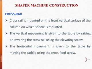CROSS-RAIL
 Cross rail is mounted on the front vertical surface of the
column on which saddle is mounted.
 The vertical movement is given to the table by raising
or lowering the cross rail using the elevating screw.
 The horizontal movement is given to the table by
moving the saddle using the cross feed screw.
SHAPER MACHINE CONSTRUCTION
08-10-2021
96
 