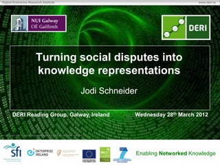 Digital Enterprise Research Institute                                                                      www.deri.ie




                              Turning social disputes into
                              knowledge representations
                                                                        Jodi Schneider

        DERI Reading Group, Galway, Ireland                                          Wednesday 28th March 2012


 Copyright 2011 Digital Enterprise Research Institute. All rights reserved.




                                                                                     Enabling Networked Knowledge
 
