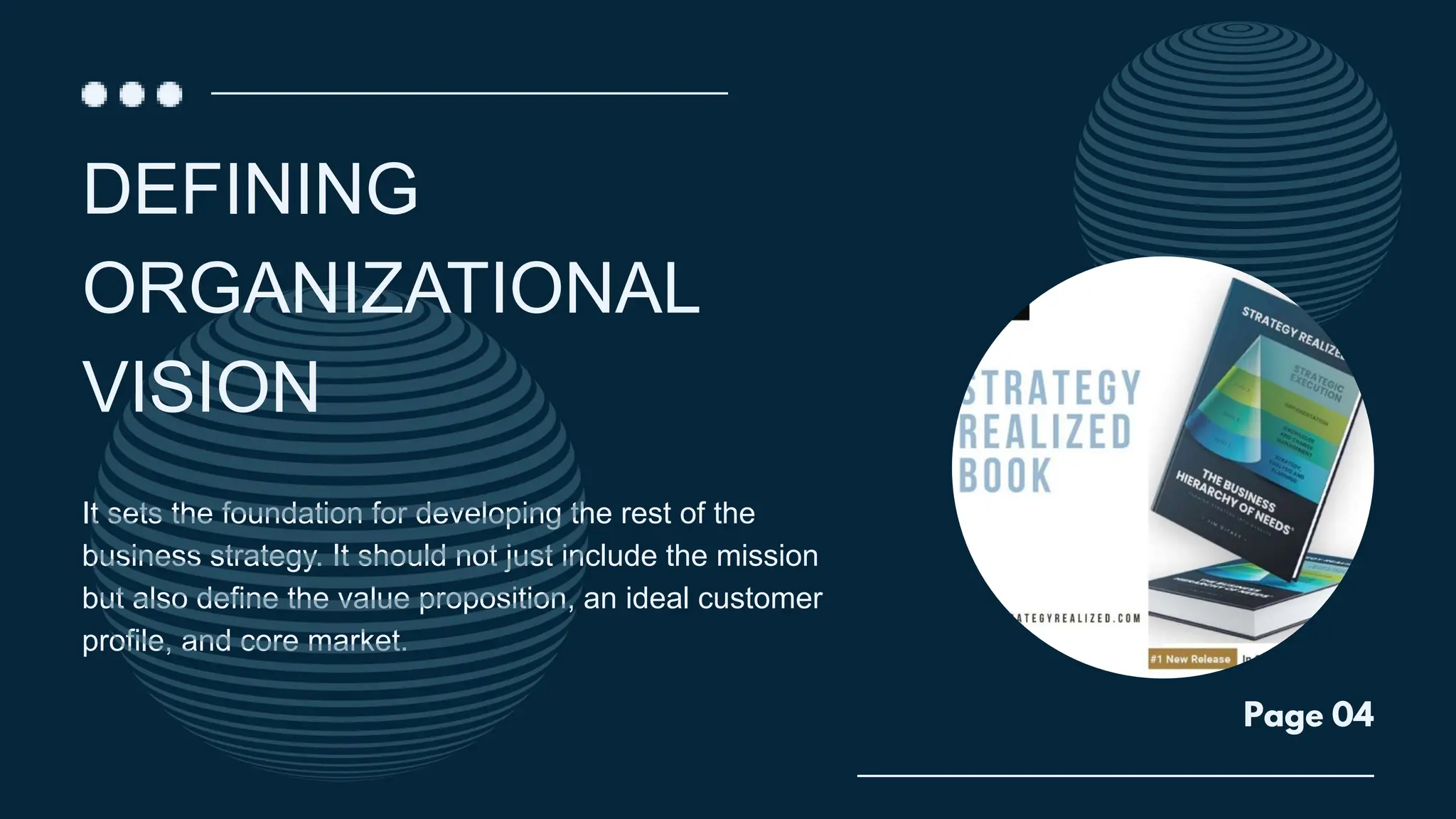 It sets the foundation for developing the rest of the
business strategy. It should not just include the mission
but also define the value proposition, an ideal customer
profile, and core market.
DEFINING
ORGANIZATIONAL
VISION
Page 04
 