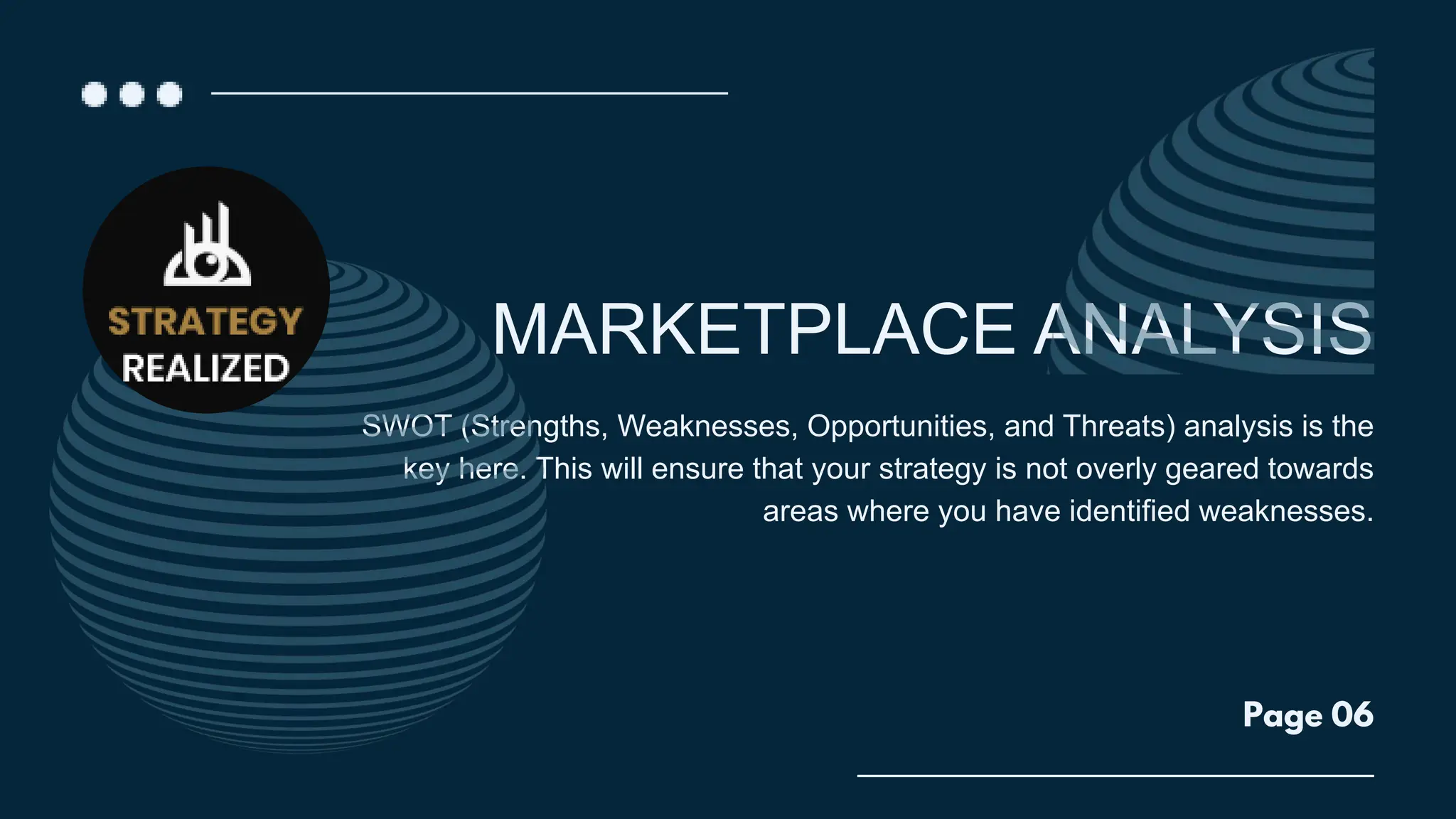 MARKETPLACE ANALYSIS
SWOT (Strengths, Weaknesses, Opportunities, and Threats) analysis is the
key here. This will ensure that your strategy is not overly geared towards
areas where you have identified weaknesses.
Page 06
 