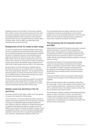 Speeding the time to exit will help VC funds return capital to
their investors, show a track record of success and, thus, start
the process of opening, raising and closing a new fund. It has
also helped liquidate the older companies in their portfolios,
allowing them to focus on companies that have a better option
of exiting, either via IPO or M&A, and repatriating those
investment returns back to the fund.
Realignment of the VC model to later-stage
VC funds are adjusting their investing strategies, preferring to
invest in companies that are generating revenue and focusing
less on product development, pre-revenue businesses. Globally,
the share of investment directed to the generating revenue
stage has increased from 56% prior to the crisis in 2006 to
69% in 2012 in terms of number of deals and has risen from
55% to 74% in value terms. Conversely, the share of investment
directed to the product development stage has declined from
29% to 22% in deal numbers and from 32% to 17% in deal value.
perceived as less high risk. For example, there is a shift away
from social media towards enterprise — the companies that are
attracting greater VC interest are those that provide a service
and are getting paid for it, rather than those that have a good
Portfolio companies are also being encouraged to leverage the
them to focus the use of their funds on growing the company
Median round size declining in the US
and China
As investment shifts to later-stage, median round size typically
increases as the quantum of risk decreases.
In the US however, VC funds are deploying smaller amounts of
capital in later-stage investments. Over the last year, US median
Median size increased from US$4m to US$6m in Europe. Across
is highest in China, but it also is on a declining trend between
2011 and 2012, dropping from US$20m to US$17.9m.
This trend towards later and smaller investment in less risky
companies is also being accompanied by a move towards
tougher terms. LPs are demanding better terms from VC funds,
while in turn the funds are requiring portfolio companies to
meet stricter milestones and tighter time frames.
The increasing role of corporate venture
and M&A
Helping offset the weaker IPO market to some extent, corporate
venture investment is rising and in 2012 surpassed pre-
dotcom levels. Corporates such as Google Ventures are now
an important part of the VC market. Between 2003 and 2012,
Google was the most acquisitive company in the US venture
market, with 60 venture-backed company acquisitions across all
industry verticals.2
Information technology (IT) has witnessed both the largest
number of corporate venture investments and the highest
number of acquisitions. Activity in the IT sector is being driven
by a combination of healthy corporate cash balances and
the rapid pace of technological change as the rise of mobile,
big data and cloud computing creates a disruptive business
environment.
Corporates are keen to invest in and acquire venture-backed
capability.
When corporate investors make an investment, historically in
the “later-stage” in the US, the valuation of the business in that
round is typically greater than in companies at a similar stage
with no corporate investor. The median valuation premium over
the last decade has been 54% in the US.
The link between corporate investment and ultimate acquisition,
however, is weak. In all sectors in the US, only 2% to 3% of
companies were acquired by an existing corporate investor
in 2012. Also the valuation premium evident at later-stage
investment by a corporate does not consistently translate into a
similar premium at acquisition.
2
Dow Jones VentureSource, 2013
Global venture capital insights and trends 2013 | 5
 