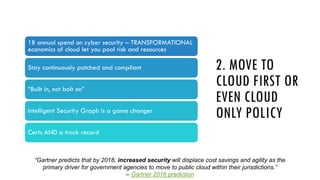 2. MOVE TO
CLOUD FIRST OR
EVEN CLOUD
ONLY POLICY
1B annual spend on cyber security – TRANSFORMATIONAL
economics of cloud l...