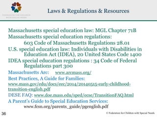 © Federation for Children with Special Needs36
Laws & Regulations & Resources
Massachusetts special education law: MGL Cha...