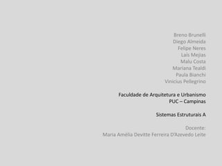 Breno Brunelli
Diego Almeida
Felipe Neres
Laís Mejias
Malu Costa
Mariana Tealdi
Paula Bianchi
Vinicius Pellegrino
Faculdade de Arquitetura e Urbanismo
PUC – Campinas

Sistemas Estruturais A
Docente:
Maria Amélia Devitte Ferreira D’Azevedo Leite

 