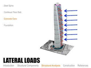 Steel Spine
Cantilever Floor Slab
Concrete Core
Foundation
LATERAL LOADS
Introduction Structural Components Structural Analysis Construction References
 
