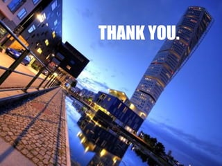 FAÇADE
Introduction Structural Features Structural Analysis Conclusion References
Complicated glass and
aluminum façade
Double curved to compensate
for twisting building
2,800 curved panels and
2,250 flat windows in the
facade.
In order to follow the twist of
the building, the windows are
leaning either inwards or
outwards, depending on
which side of the building
they are on. On the western
side they are leaning inwards
and on the eastern, outwards.
This leaning of the windows is
between 0 and 7 degrees,
while the lateral leaning is
about 6 degrees.
THANK YOU.
 