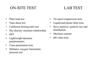 • Plate load test
• Vane shear test
• California bearing ratio test
• Dry density/ moisture relationship
• SPT
• Lightweight dynamic
penetrometers
• Cone penetration tests
• Methane/ oxygen/ barometric
pressure test
ON-SITE TEST LAB TEST
• Tri-axial compression tests
• Liquid and plastic limit tests
• Sieve analysis- particle size and
distribution
• Moisture content
• pH value tests
 